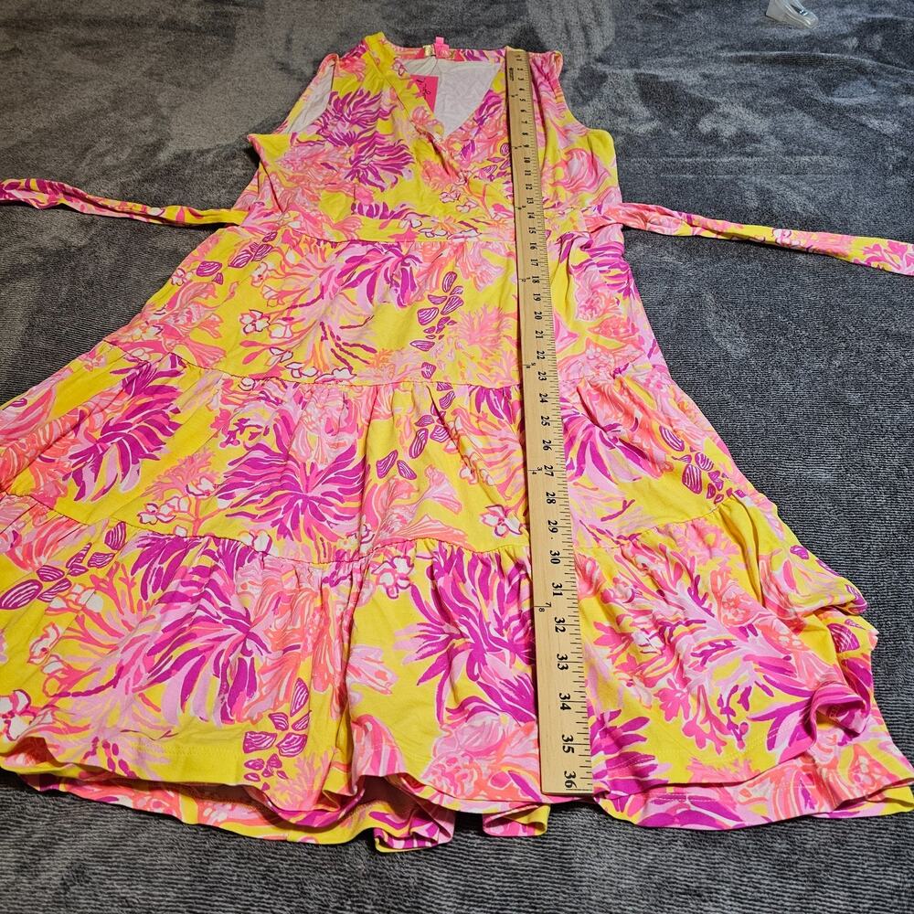 Lilly Pulitzer Folly Floral Wrap Dress Calla Yellow Floral Coral Sleeveless Sz L - Picture 12 of 12